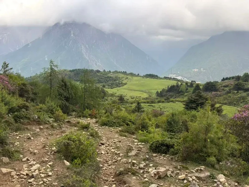 Rocky descending trail through green alpine shrubland toward a village in the misty valley below